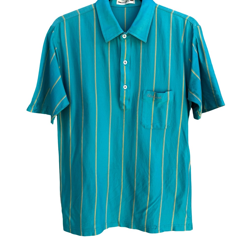 Richard Vintage 70s Disco Striped Short Sleeve Polo Shirt Teal Men M Grandpacore